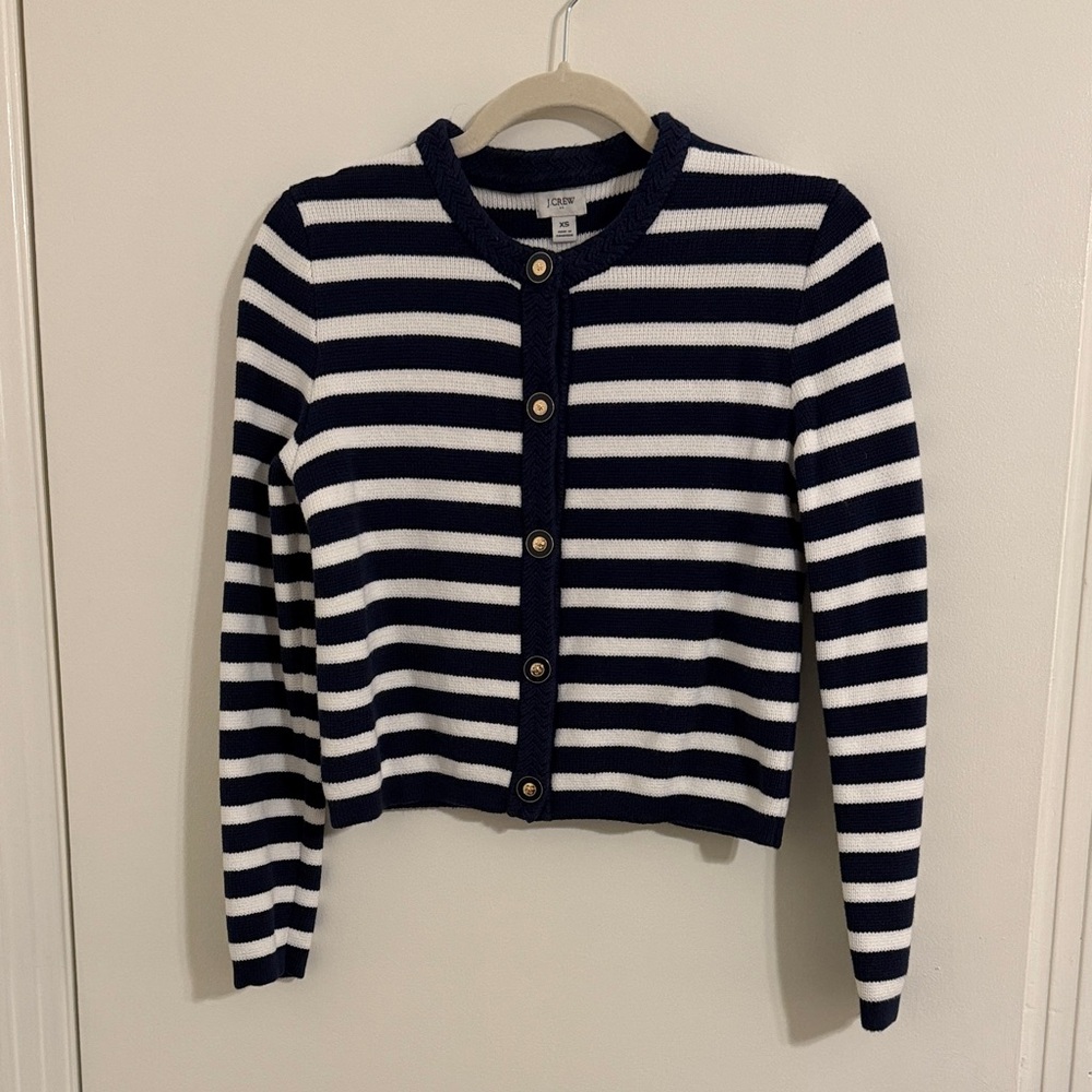 J. Crew Navy and White Striped Cotton Lady Cardigan